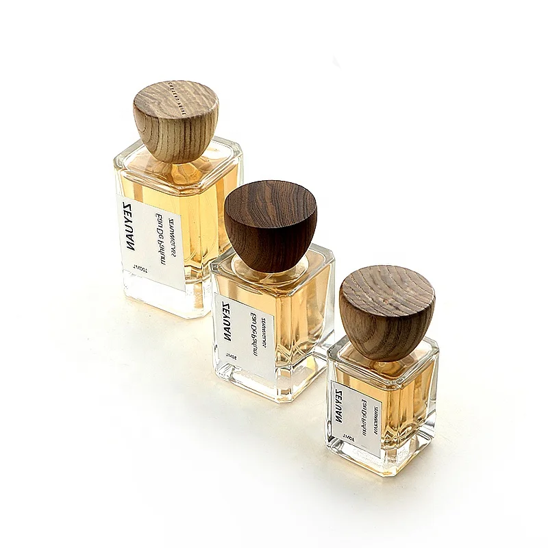 High quality triangle inverted wood lid 30ml 50ml 100ml square clear Perfume Bottle glass empty crimp sprayer