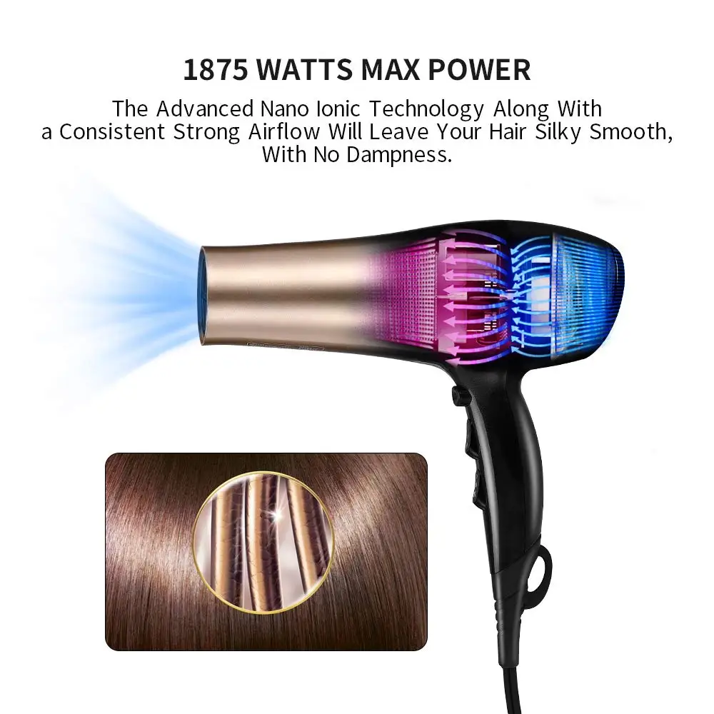 1875W Hair Dryer Nano Ionic Blow Dryer Professional Salon Hair Blow Dryer Lightweight Fast Dry Low Noise with Concentrator