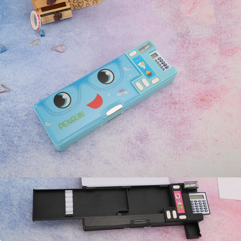 Student cartoon plastic stationery box double-sided open pencil case creative multifunctional calculator pencil case