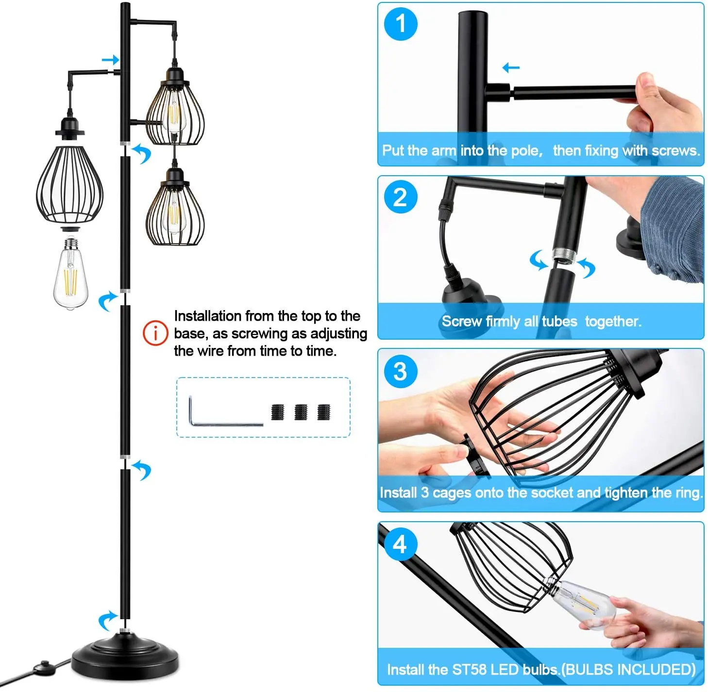 Tree Floor Lamp with 3 Elegant Teardrop Cage Head ST58 Edison LED Bulbs Sturdy Base Tall Vintage Pole Light Great for Farmhouse