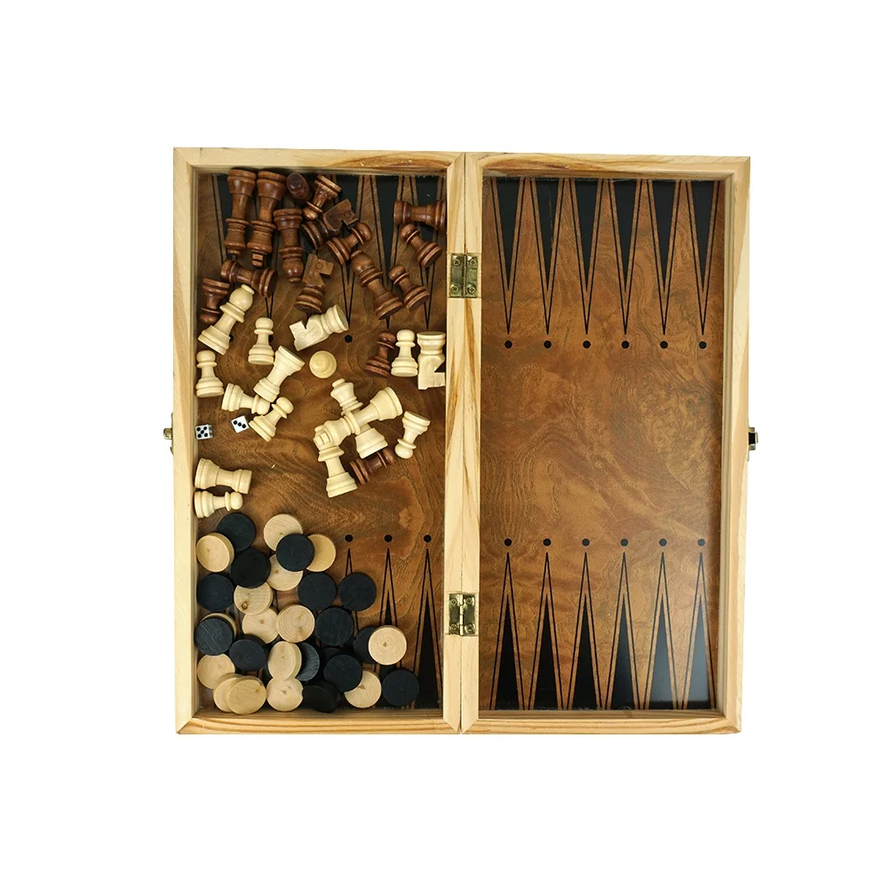Wholesale 3 in 1 wooden chess backgammon checkers set with wooden folding chess board   chess piece kid puzzle board game