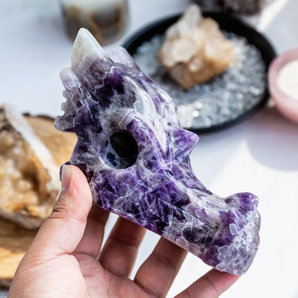 Natural Dream Amethyst Crystal Dragon Head Skulls Hand Carving Crystal Crafts Healing Stones