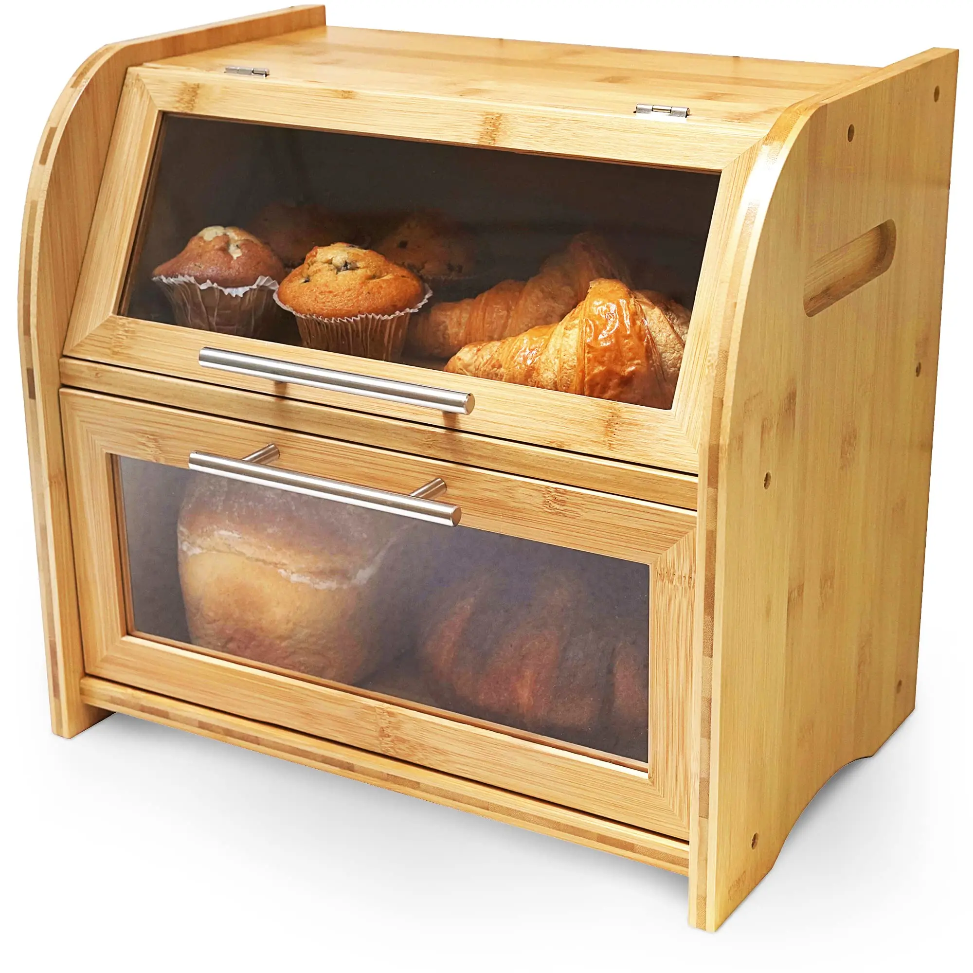 Extra Large Bamboo Bread Box Clear Windows Air Vents 2-Shelf Wooden Kitchen Countertop Storage Container Cabinet Organizer