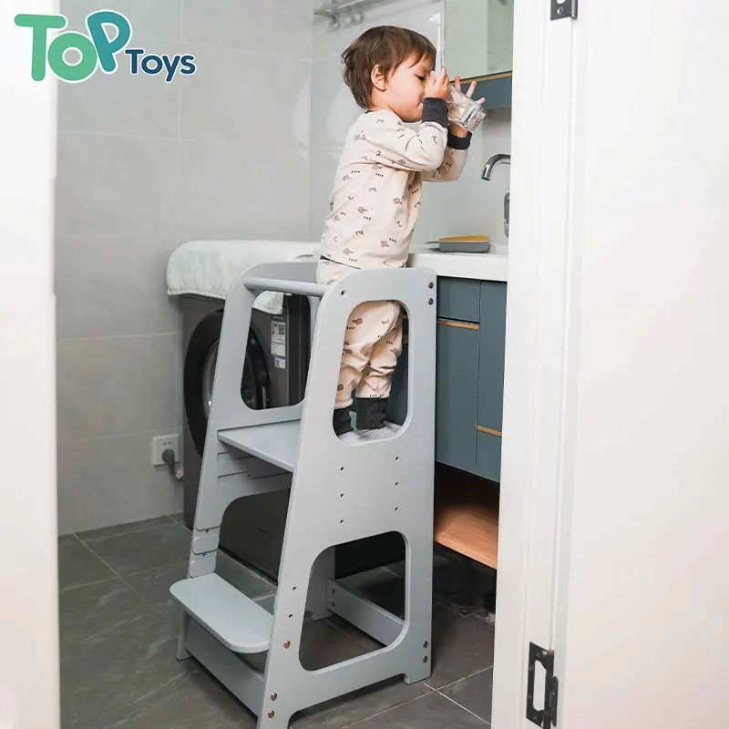 TOP Wholesale Modern Design Beech Wooden Baby Chair With Small Blackboard Montessori Kids Learning Tower wIth Kitchen Helper