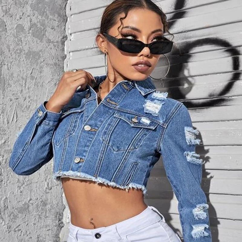 Wholesale Custom Logo Women Blue Jean Jacket Women Ripped Short Denim Jacket