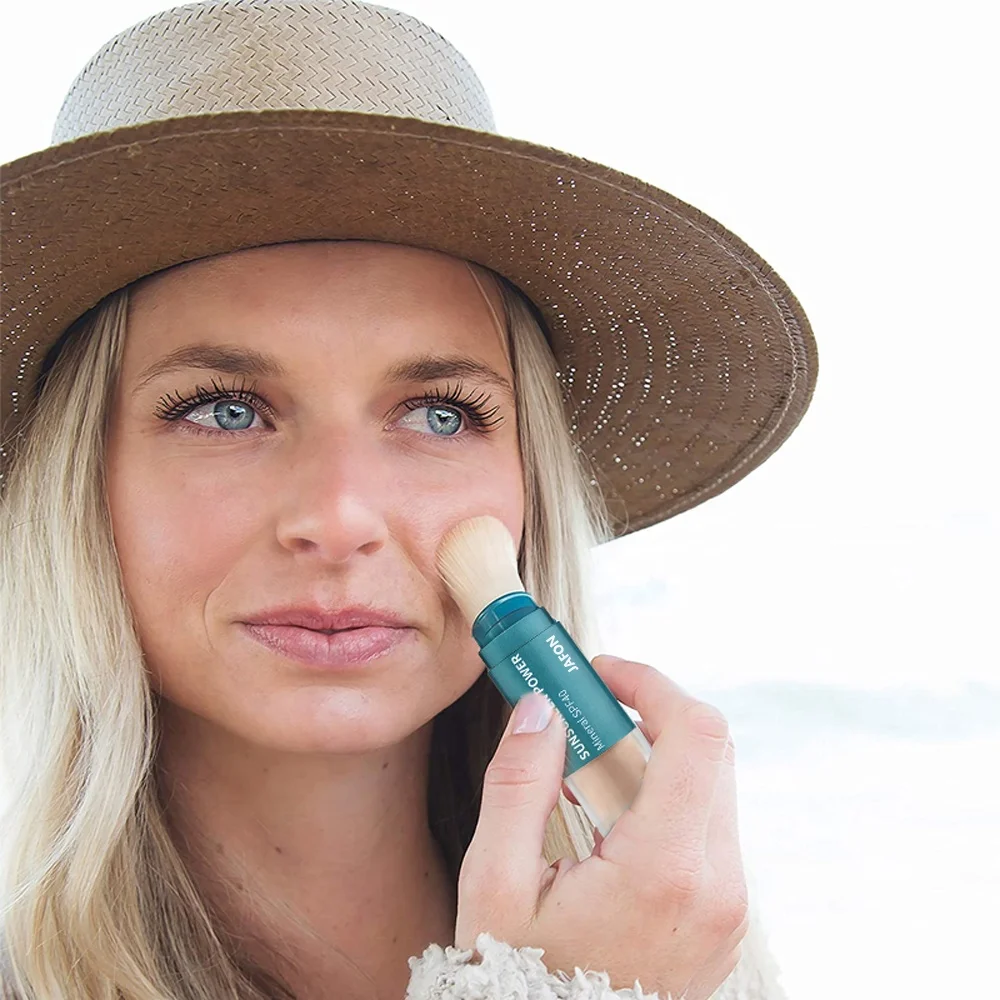 Vegan synthetic mineral powder brush customized green refillable mineral sunscreen spf 40 makeup powder brush