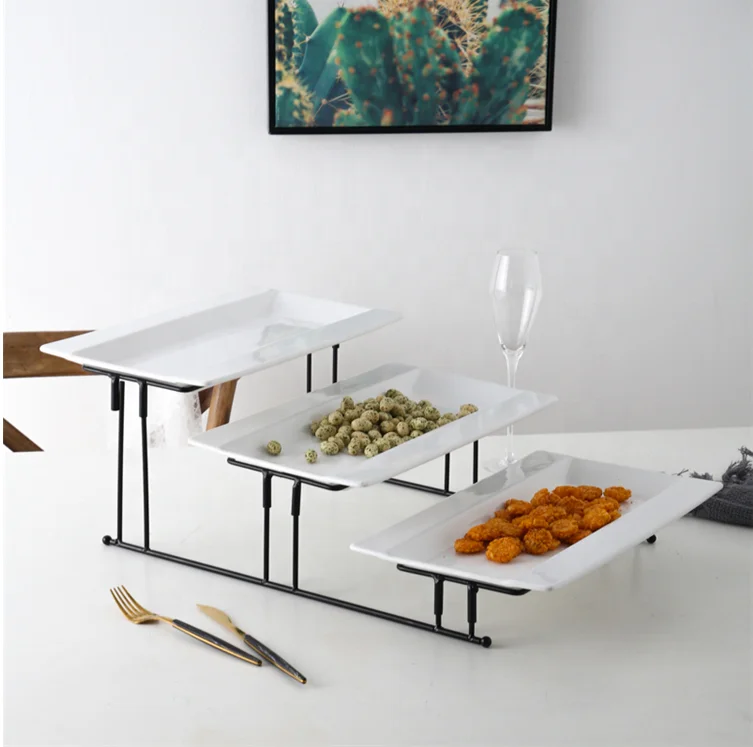 Фабрика лидер продаж 3-уровневое квадратное керамическое блюдо для десерта с металлической подставкой прямоугольный поднос домашней вечеринки отеля ресторана