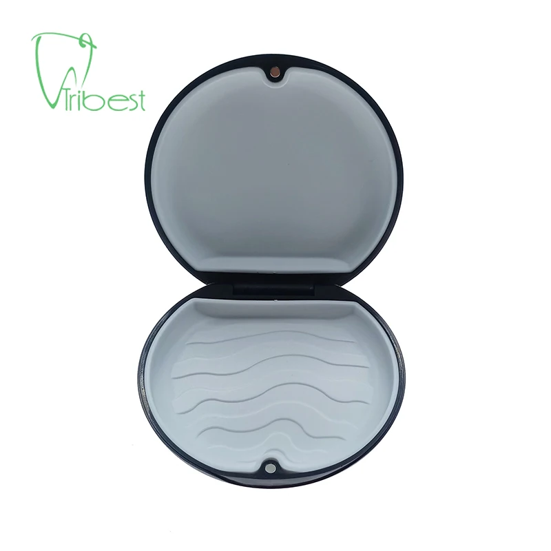 Wholesale price custom color denture holder box round retainer case with round silicone pad dental aligner retainer case