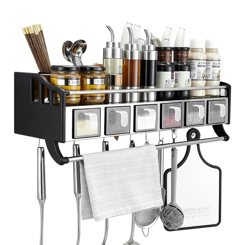 Stainless Steel Punch-Free Kitchen Rack Wall-Mounted Seasoning Multi-Functional Storage Rack Knife Holder Wall-Mounted Hook