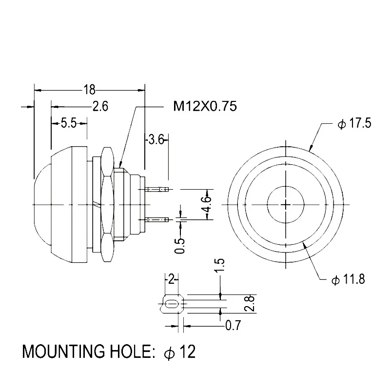 Push button switch PBS-33B cut-out 12MM self reset unlocked switch Mushroom type horn waterproof button