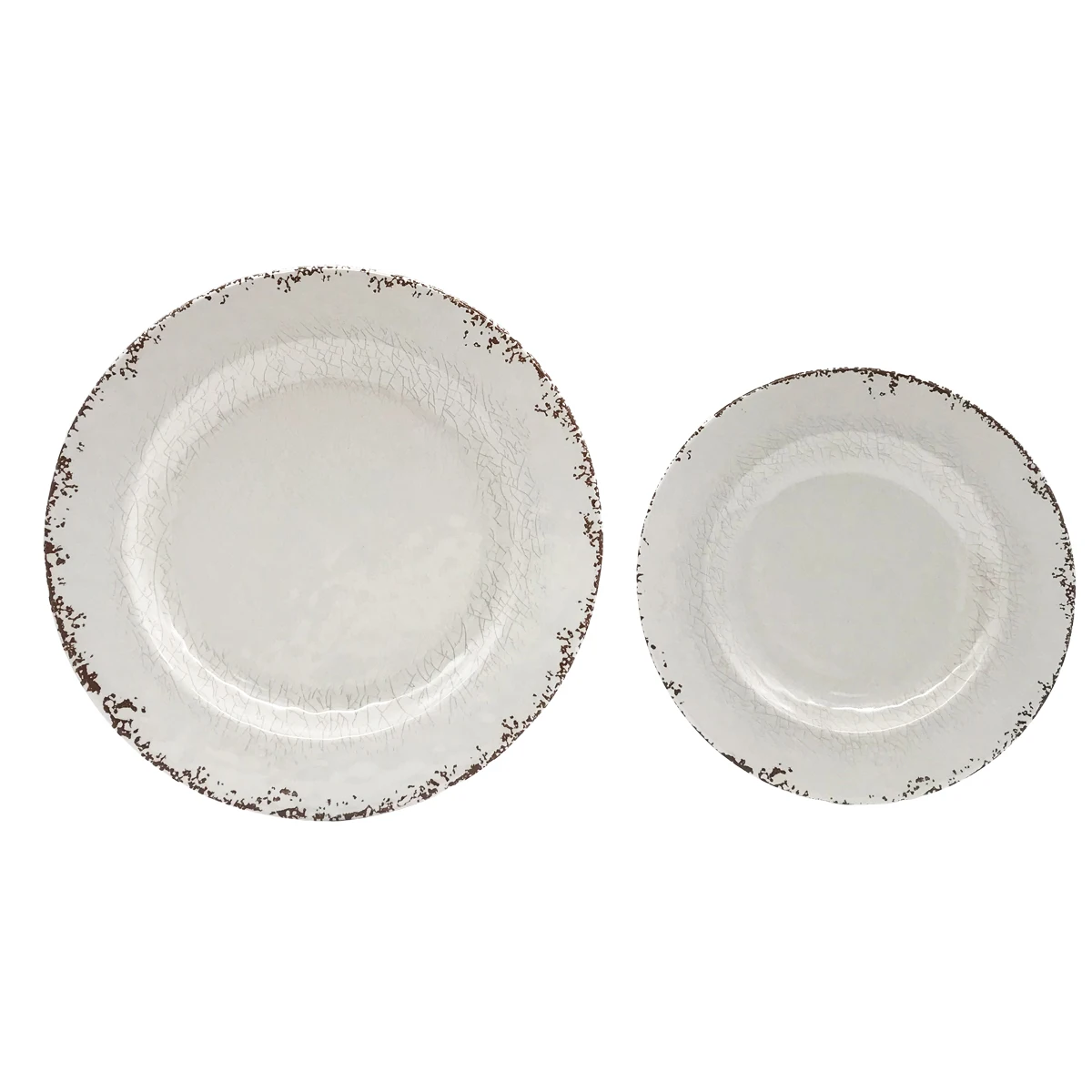 
wholesale EU food grade 16 pieces hard plastic reusable melamine cream rustic vintage round dinner plate bowl dinnerware set 