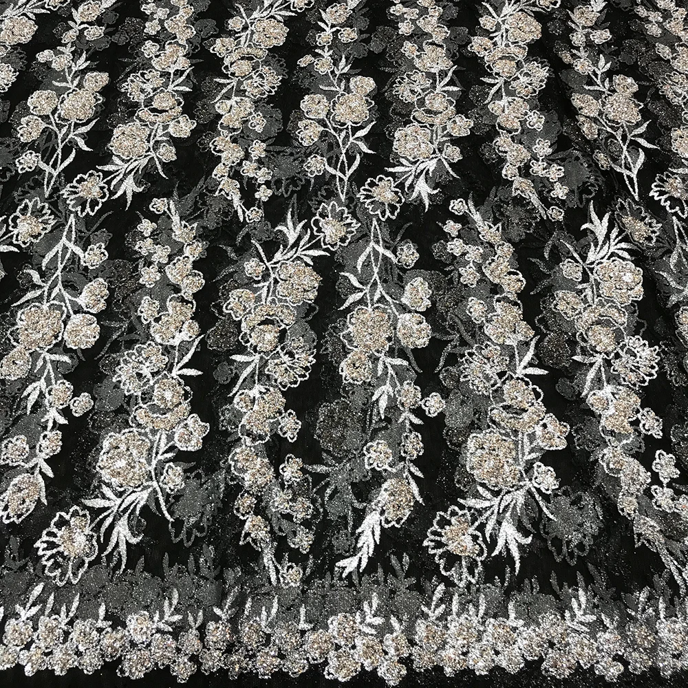 Wholesale Black African French Net Tulle Mesh Glitter Rhinestone Lace Fabric Shiny Flower Sequence Evening Dress Sewing Material