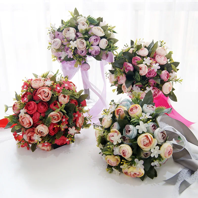 Romantic Artificial Colorful Flowers Bridal Hand Holding Rose Wedding Bouquet