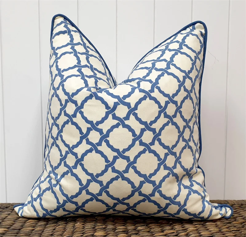 Floral Hand Block Print on Poly Linen Pillow Cover With Piping, Blue Grey Spring Pillow Cushion Cover/