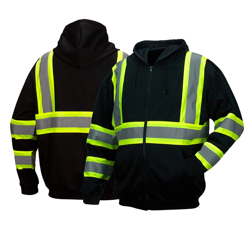OEM High Visibility Safety Reflective Hoodie Construction Jacket Sweatshirt Plus Size Mens Full Zipper Hoodies Custom