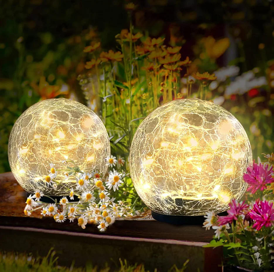 Outdoor  Solar Powered LED Garden Light Cracked Glass Globe Solar Ball Lights with LED garland inside Decoration Lights