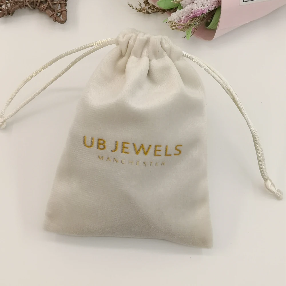 Luxury white velvet pouch wholesale custom logo drawstring bag for jewelry