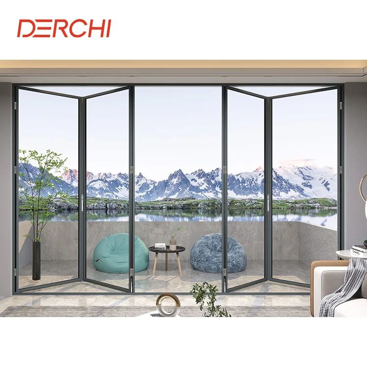 DERCHI NFRC Modern Design Aluminum Thermal Insulation Double Tempered Glazed Folding Door Triple Glass Bi-Folding Door