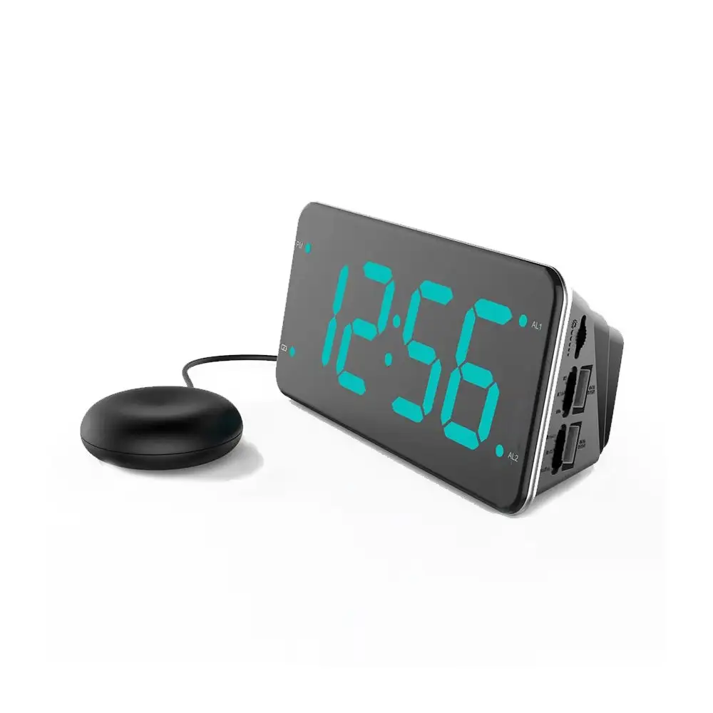 New Model  Custom LED Bed Vibrating Alarm Clock Vibrator Vibration Deaf and Hard of Hearing, 2 USB Charge Ports, Battery Backup