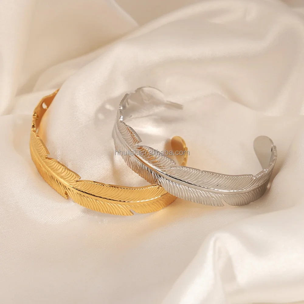 Wholesale Custom Fashion Jewelry Sets 18K Gold Stainless Steel Wide Face Leaf Feather Design Bracelet Bangles Ring Set For Women