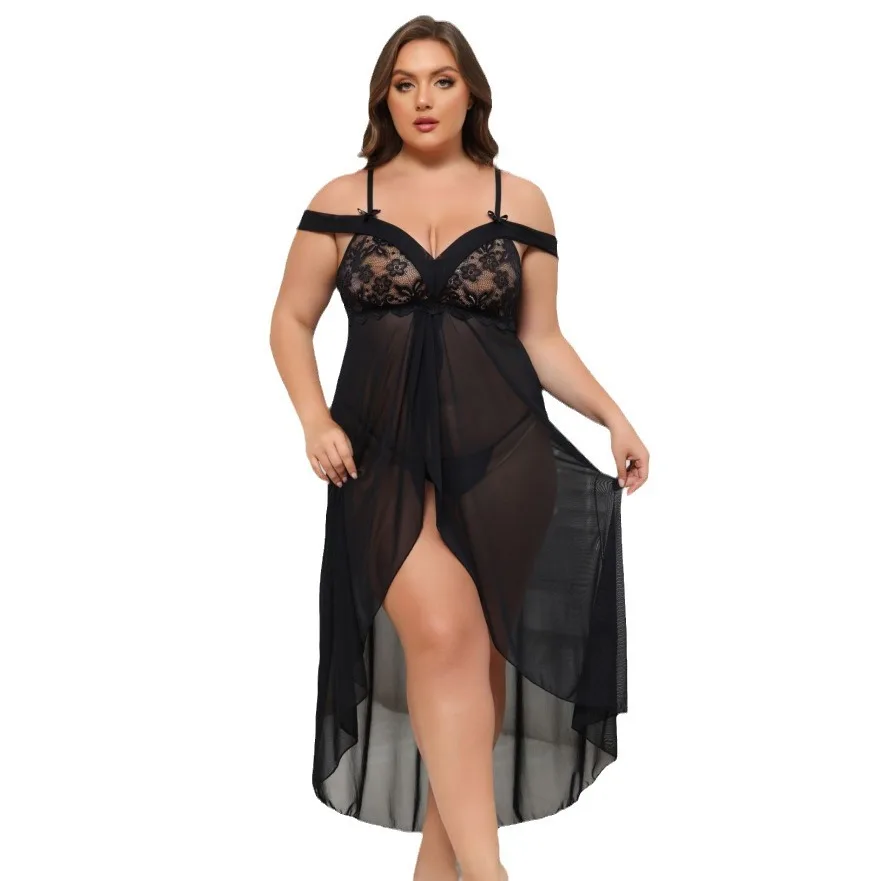 Plus-size Fat women sexy lingerie perspective off-the-shoulder pajama set sexy transparent lace dress