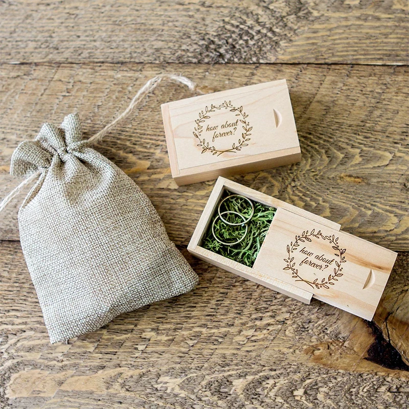 new personalized natural color engraved logo sliding lid solid pine wood ring boxes packaging