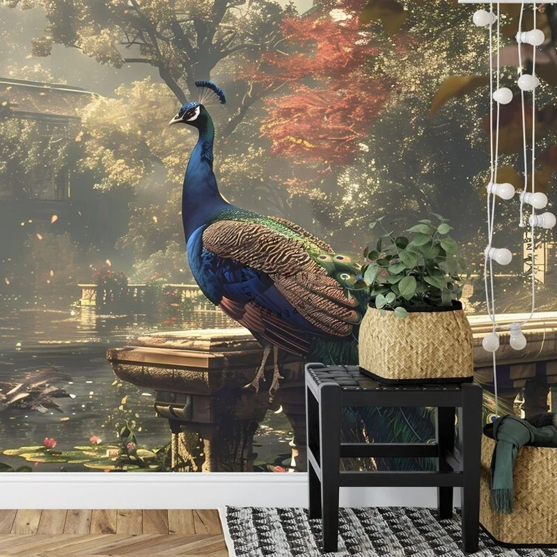 Retro chinese landscape peacock mural wallpaper home decoration
