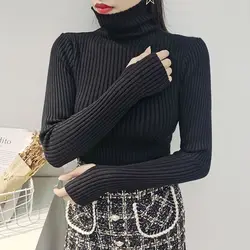 Women Sweater Winter Slim Fit Pullover Warm Jumper Thumb Hole Korean Style Turtleneck Solid Color Knitted Sweater