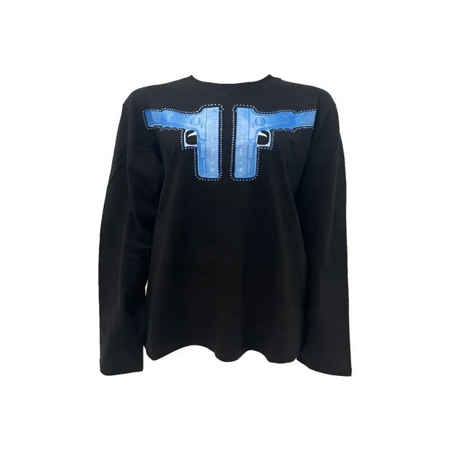 Customizable  Glock Rhinestone long sleeved t-shirt man round neck loose street trend cotton blouse couple new style