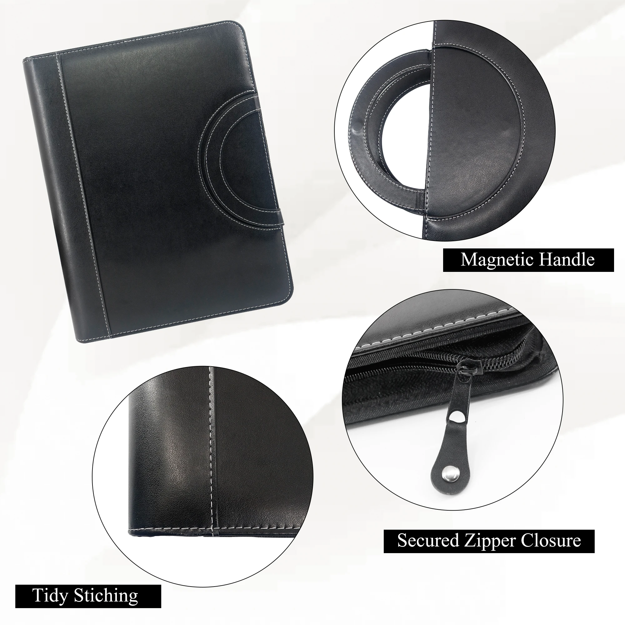 Custom Zipper Padfolio Folder A4 Notebook Genuine Leather Agenda Planner Documnent Portfolio Organizer With Hidden Handle