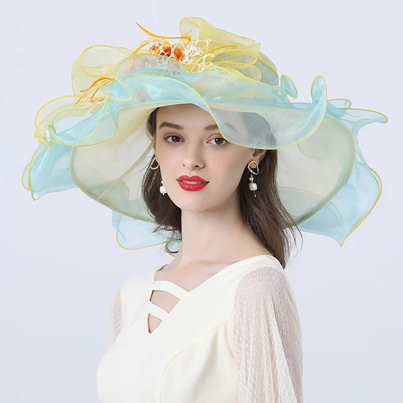 Women Sun Hat Ruffles Brim Organza Church Wedding Dress Party Hat With Detachable Flower