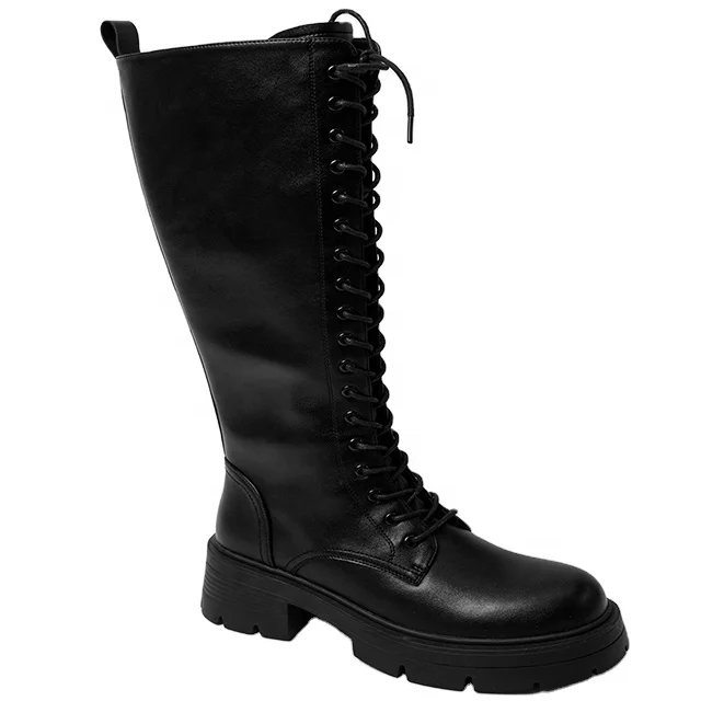 2024 YZY OEM Black Knee-High Winter Stretch PU platform flat thigh high Boots