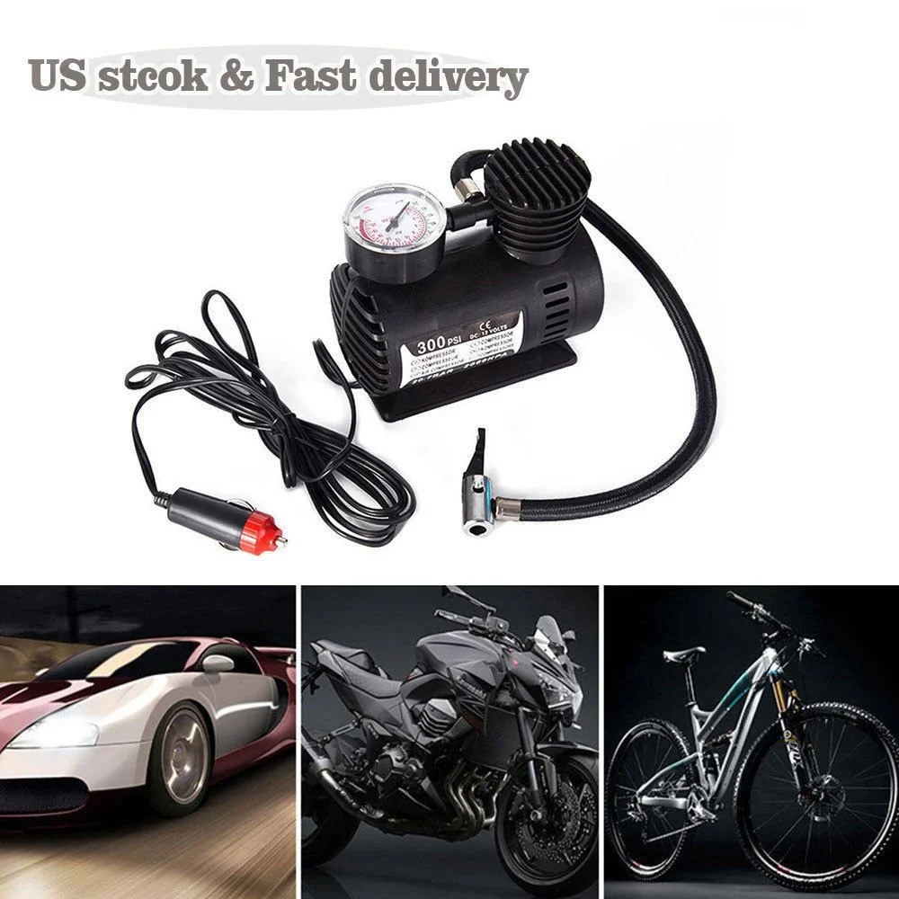 12V Electric Tire Inflator Car Motorcycle Air Tire Pump with Gauge Light Portable Mini Single Cylinder Air Compressor Black 12