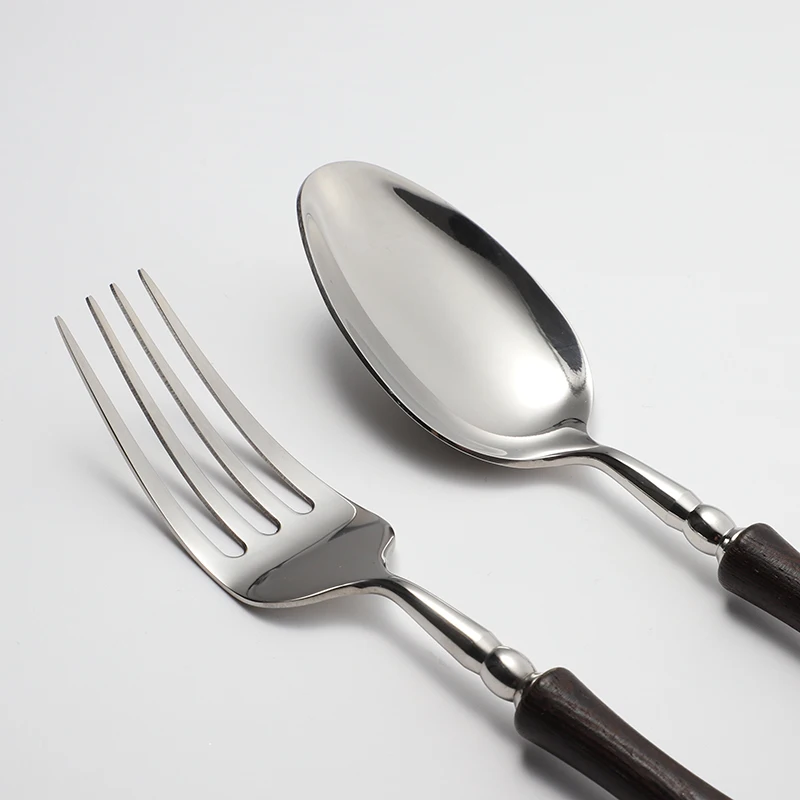 304 Stainless Steel Wooden Spoon Knife And Fork Reusable Wood Flatware Silver Cutlery Set