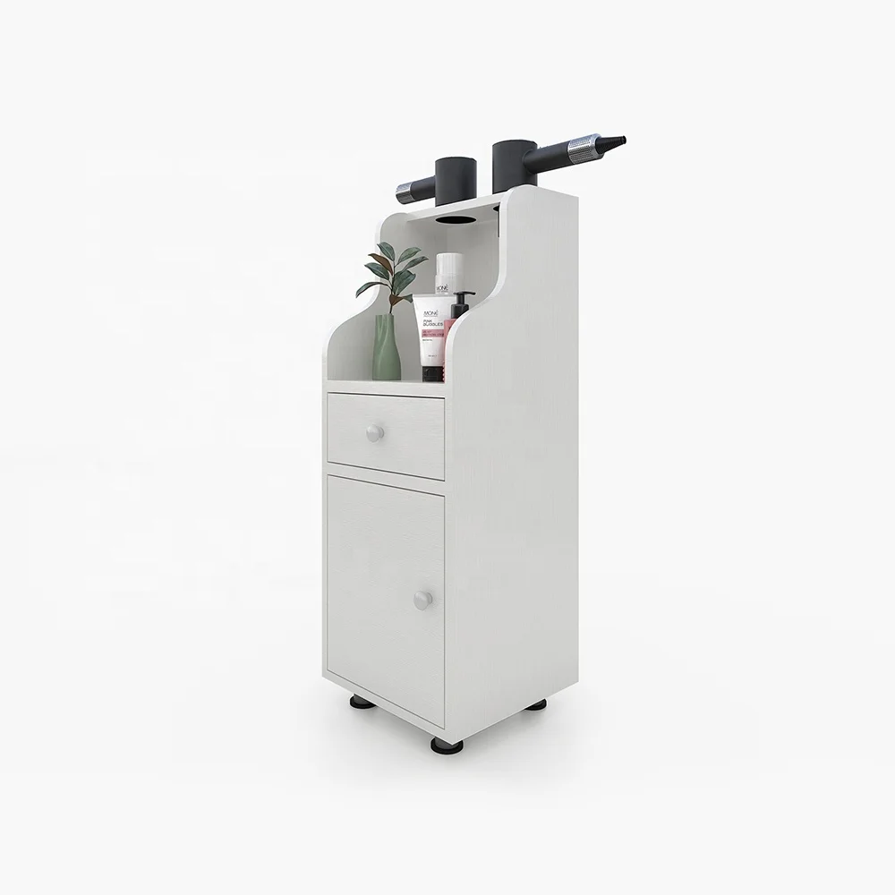 Hot barbershop dryer holder storage cabinet design white wood stand hair station salon furniture for stylist