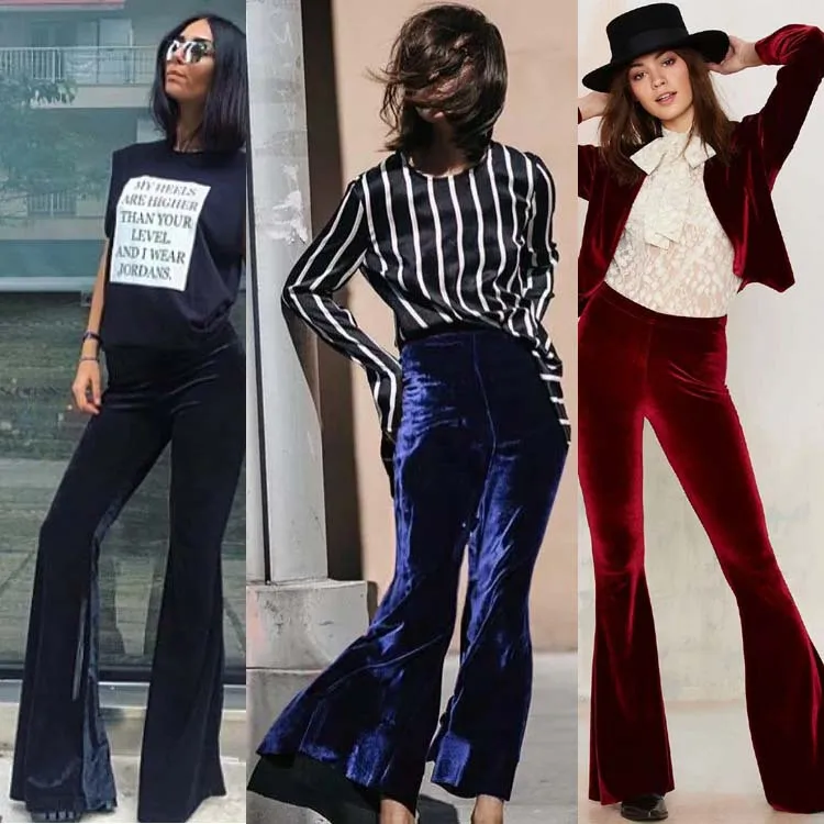 Dropshipping Vintage Golden Velvet High Waist Elastic Velvet Flare Pants Pants Women Trouser
