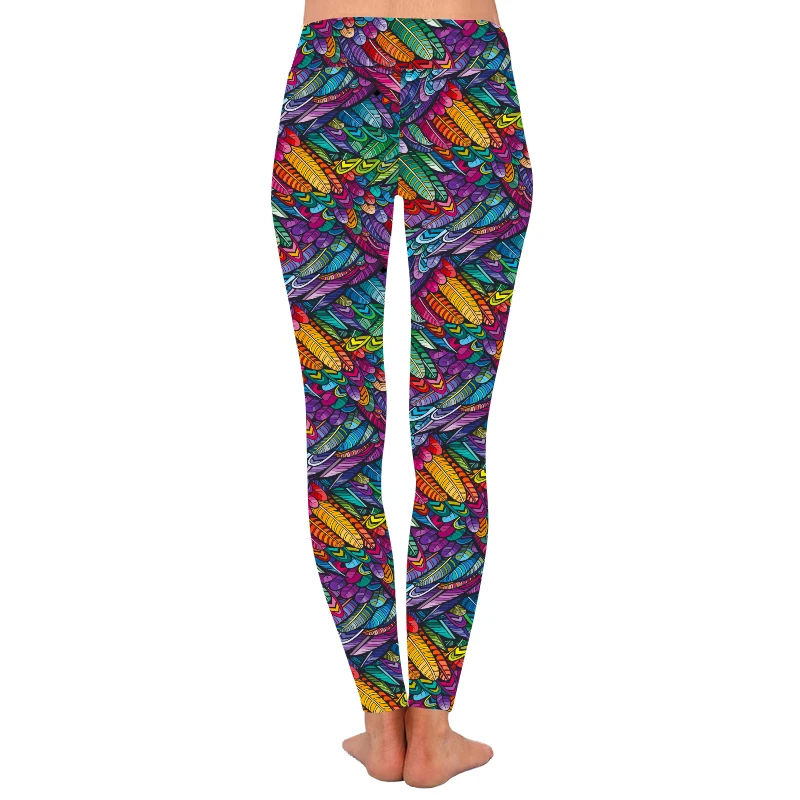 Buttery Soft 92% Polyester 8% Spandex High Waist Ladies Tights Multicolor Feather Printed Leggings For Women
