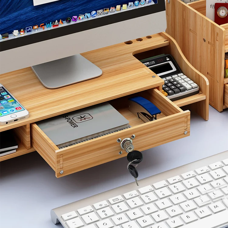 Wooden Monitor Stand Computer Riser with Storage Organizer Drawers,  4-Tier Storage compartment Pen Holder