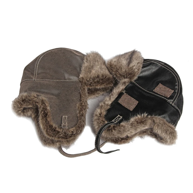 New Fashion Mens PU Leather Winter Thick Warm Pilot Russian Style Aviator Trooper Hats with Ear Flap