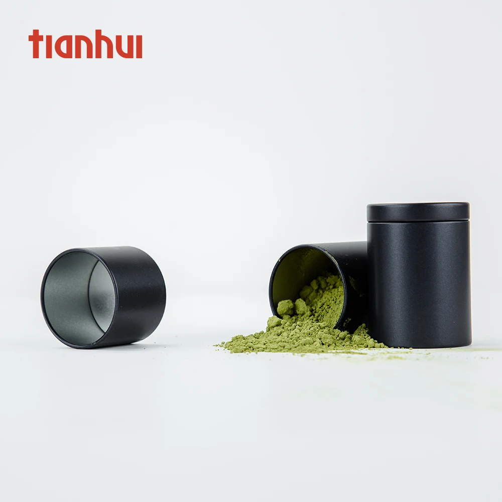 Custom Airtight Candy Storage Black Tin Tea Can small Tea Canister Matcha Powder Storage