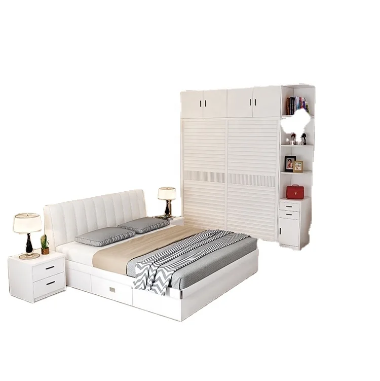 Wholesale full wooden storage bed and wardrobe full set white queen / king size bedroom double beds