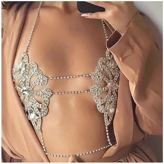 Fashion Sexy Body Jewelry Set Rhinestone Chain Bra and Thong Glisten Harness Set Chest Chain Flower Lingerie Chain