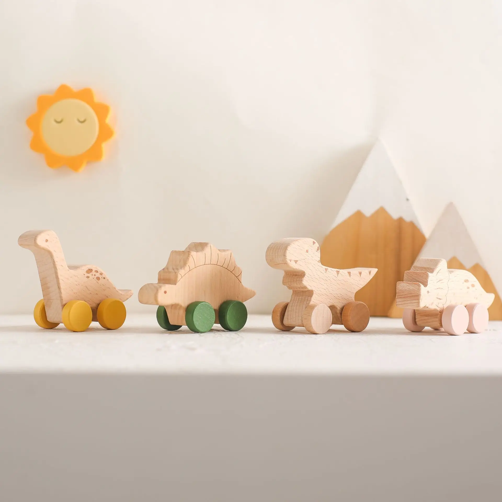 Jurassic Dinosaur Shapes Learning Wooden Car Educational Beech Wood Cars Toy Vehicle Set For Kids Wooden Car Set