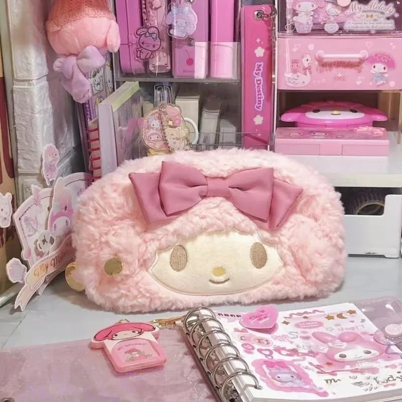Hot Selling Anime Cartoon Plush Stationary Kawaii Meilodi Plush Pencil Box Large Capacity HK Kitty Stationery Kulomi Pen Case