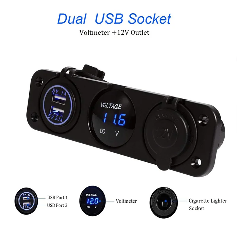 DC 12V-24V Rocker Switch Panel with 12 Volt Dual USB Power Outlet Cigarette Lighter Socket For Boat Marine