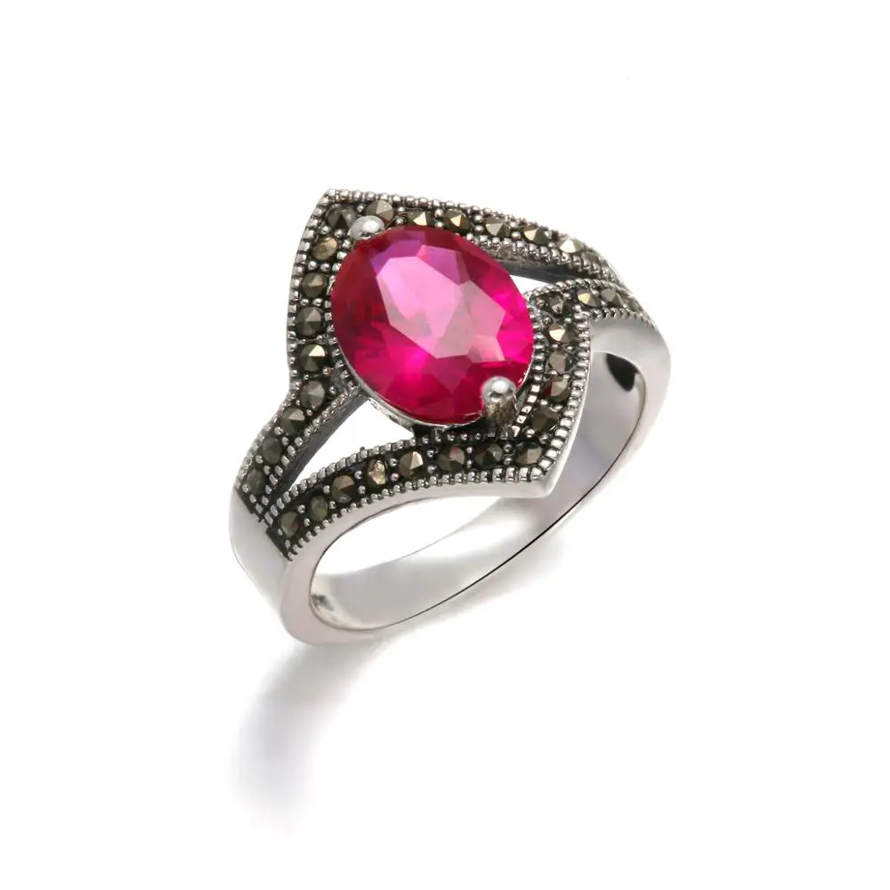 Marcasite Ruby Rings Designed Sterling Silver New Poly Bag CLASSIC Zircon Antique Silver Geometric Silver Fashion Jewelry 6.8 G