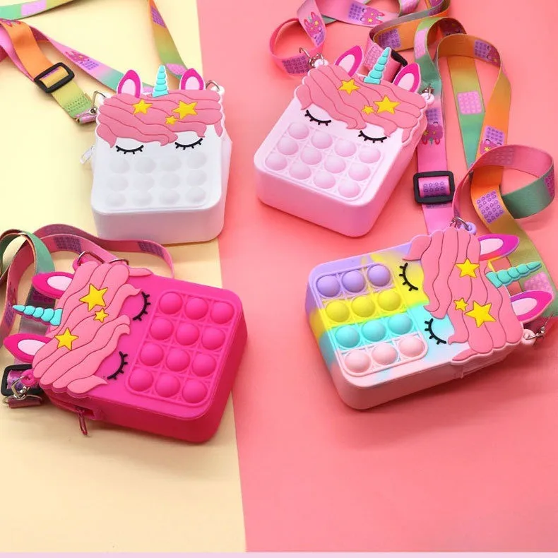 Dream Unicorn Shoulder Bag Girls Gift Toy Fidget Bubble Pop Coin Purse Silicone Crossbody Cosmetic bag  Gift for Toddler