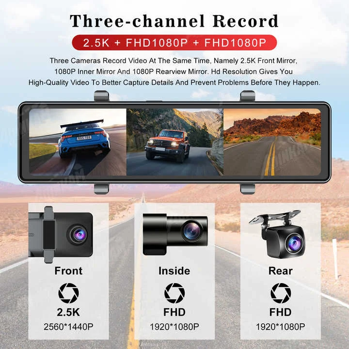 ADINKAM 11.26 inch Front Rear and Inside Camera Mirror Car DVR Camera With 3 Lens Video Recorder Driver Review Mirror Dash Cam