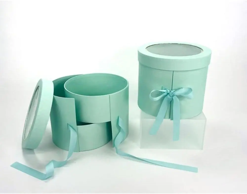 Teal Luxury Flower Box Round Gift Box with Ribbon and Clear Lid Custom Chocolate Candy Strawberry Packaging Boxes
