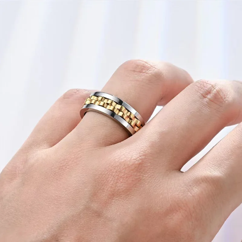 Decompression Vintage Stainless Steel Ring Waterproof Anti Anxiety Ring Gear Turning Finger Ring for Men